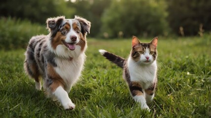 Obraz premium Happy Australian Shepherd and cute cat walking on green field