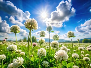 Obraz premium Delicate white clover flowers bloom in a lush green meadow, surrounded by soft focus blades of grass, under a radiant blue sky with fluffy clouds.