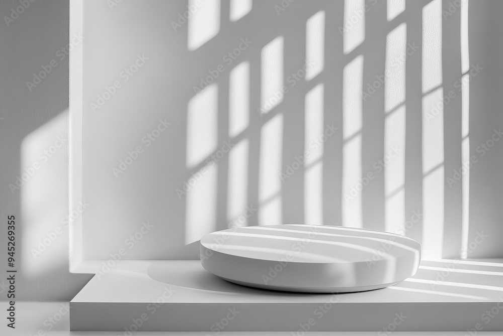 Poster A white abstract studio background depicting a blurred backdrop and a display product with a blurred backdrop. It also features shadows cast by a window.