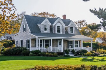 A charming house with a porch surrounded by greenery and trees in a serene setting.