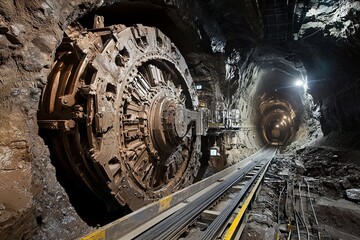 The large rotating cutter head of a tunnel boring machine is seen working through a dense, rocky underground