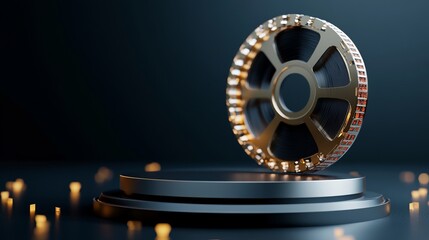 Stunning golden car wheel display on a sleek pedestal, illuminated by soft lights, perfect for automotive and award presentations.