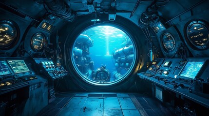 Exploring the depths of the ocean through a submarine control room at twilight