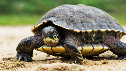 Obraz premium Close-up of a turtle walking on sandy ground with a blurred green background