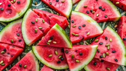 Juicy watermelon slices with vibrant seeds on display.