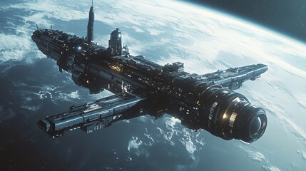 Fototapeta premium A futuristic spacecraft or space station orbiting Earth, showcasing advanced technology.