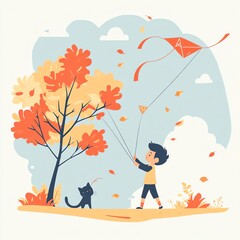A joyful child flying a kite in an autumn setting, surrounded by colorful leaves and a curious black cat.