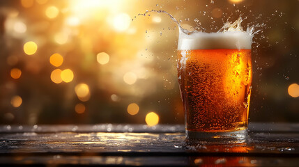 Cold Beer Splash on Wooden Table with Bokeh Lights