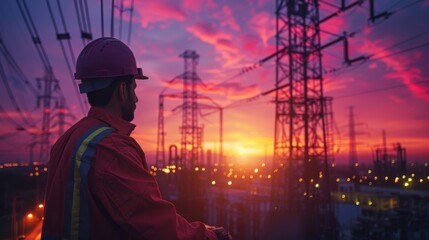 Obraz premium Electrical Engineer Inspecting Substation at Sunset