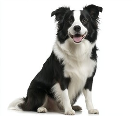 Young Australian Shepherd sitting on white floor, looking upward. Beautiful adult Aussie, frontal view.