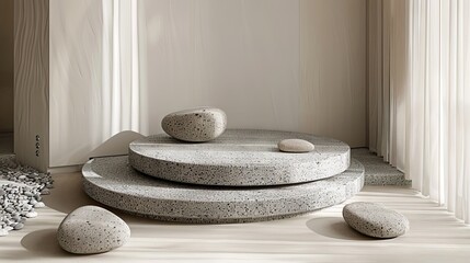 A minimalist stone podium with clean lines and a smooth finish, surrounded by a mix of small, polished stones. The simple design emphasizes the product's quality 