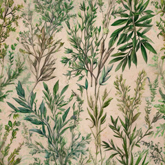 A delicate and expressive masterpiece, a rough colored pencil sketch of a seamless repeating pattern, with illustrations of plants and leaves