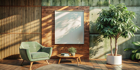 Modern minimalist setup featuring a blank poster against a concrete wall, accompanied by a wooden side table and potted plants. Simple yet stylish interior decor.