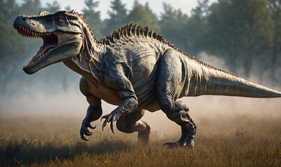 A large dinosaur runs through a grassy field, its mouth open in a roar