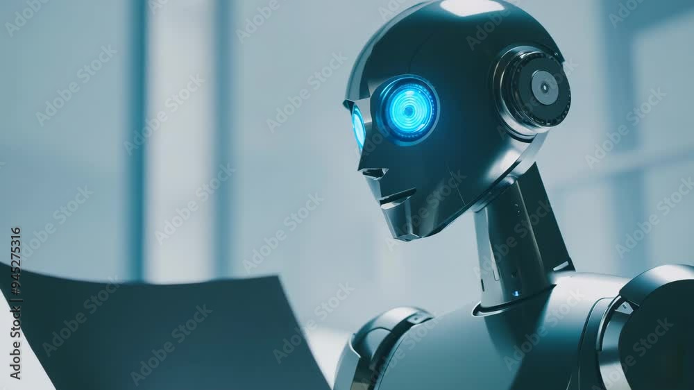 Poster robot reading a document in a futuristic setting with glowing eyes and an interactive display