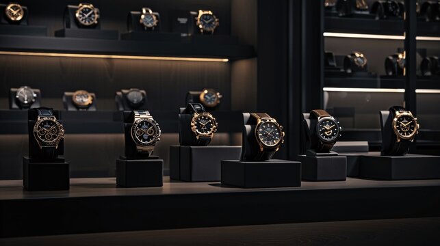 Luxury Gold and Black Watches Displayed in a Showcase