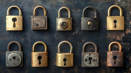 Antique Brass Padlocks on Rusty Metal Background