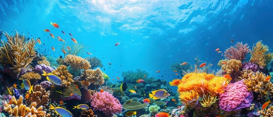 Naklejka premium Underwater Wonderland: Vibrant Coral Reef Teeming with Colorful Fish in Crystal Clear Blue Waters