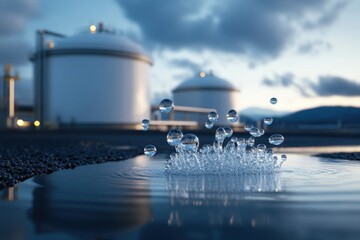 3D rendering of methane gas molecules escaping from a biogas facility, visually representing a gas leak with molecular details and dispersion patterns.