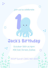 Sea creatures first birthday invitation for kids. Playful marine life card with a happy blue octopus in a flat design. Marine life postcard children