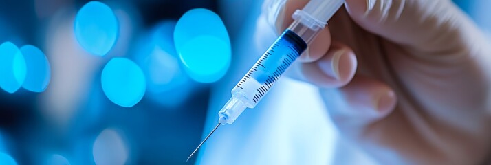 A close-up of a syringe filled with blue liquid, indicating medical use.