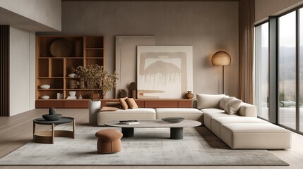 Japandi interior living room home room design with sofa