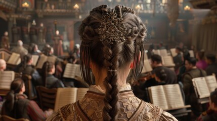 Woman with intricate braid and ornate hairpiece sits in a concert hall.