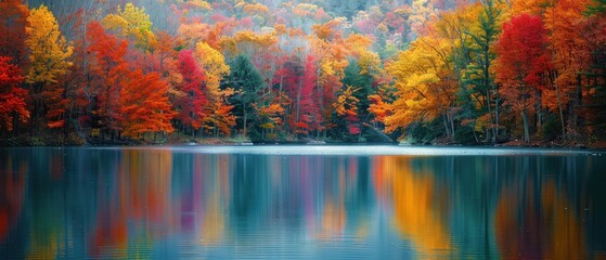 Tranquil Clear Lake Surrounded by Vibrant Autumn Trees