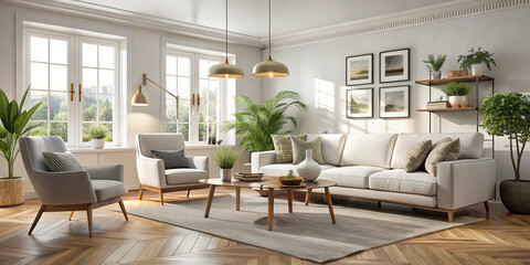 A bright Scandinavian-style living room with a white sofa, armchairs, wooden coffee table, and green plants. The space is filled with natural light, creating a cozy and airy atmosphere