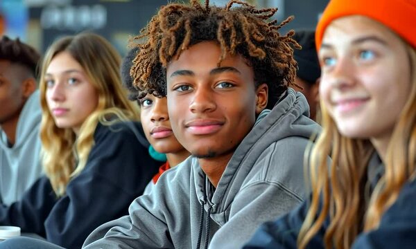 A diverse group of teens gathers in a lively classroom, exchanging ideas and fostering teamwork. Their smiles reflect excitement in a vibrant educational setting