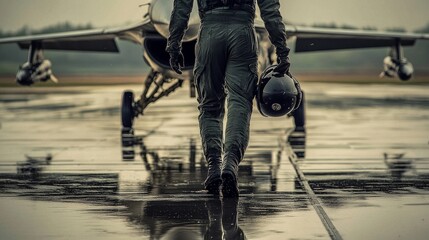 Obraz premium Photo of Air Force pilot getting out of his fighter jet. The ground is wet, and there are some reflections on it. The pilot holds his helmet under one arm while walking away from the aircraft.