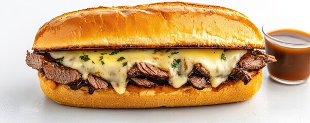 Juicy roast beef sandwich with melted cheese, served with a side of au jus, hearty and comforting