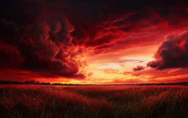 A breathtaking sunset over a lush field, showcasing vibrant red and orange clouds with a serene horizon, perfect for nature enthusiasts.
