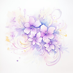 Obraz premium A delicate watercolor illustration of purple flowers with soft swirls and pastel colors, perfect for floral designs and decoration.