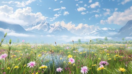 Fototapeta premium Beautiful summer meadow with flowers and mountains in the background.