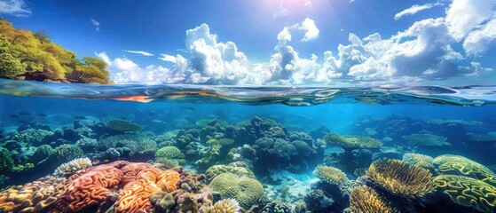 Tranquil Beauty: Vibrant Coral Reef Beneath Pristine Ocean Waters