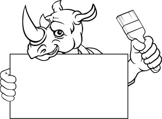 A rhino painter decorator handyman cartoon construction man mascot character holding a paint brush tool