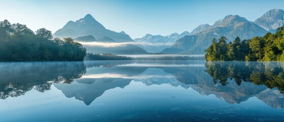 Majestic Sunrise Over Mountain Lake with Reflections of Peaks in Clear Blue Sky