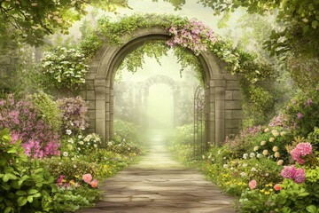 Flower arches and colorful greenery adorn a beautiful secret fairytale garden. Digital painting background.