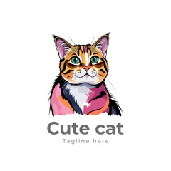 Colorful cat vector artwork on white background.  Cartoon Cat logo design. Cute Cat illustration for cat lover