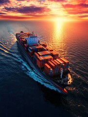 A cargo ship sails under a vibrant sunset, showcasing a tranquil sea with colorful containers, representing global trade.