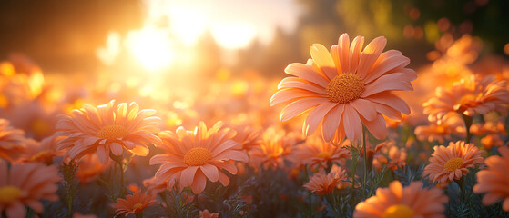 A vibrant field of orange flowers basking in warm sunlight, creating a serene and cheerful atmosphere in nature.