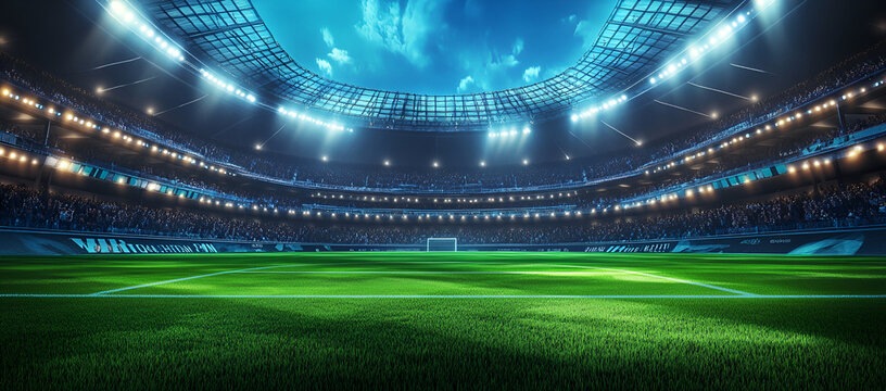 A large stadium with bright lights and green grass, full of cheering fans, Ai
