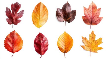 Obraz premium A row of autumn leaves are scattered across a white background