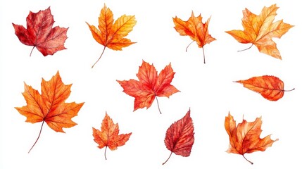 Fototapeta premium A row of autumn leaves are scattered across a white background