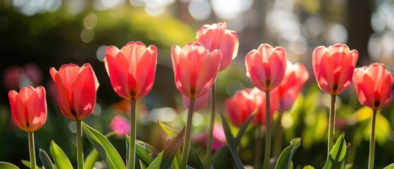 Radiant Blooming Tulips: Colorful Spring Flowers in Sunlit Garden