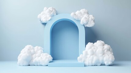 A 3D render of a blue background with white clouds flying in front of a circle shape. The scene has a minimal feel for mockup product display, blank with space for text for copying.