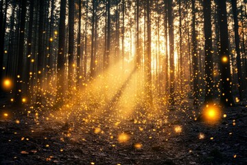 Obraz premium Fantasy blue green foggier forest fairytale with circle fireflies bokeh background. Color filter effect used.