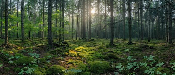 Obraz premium Serene Sunlit Clearing in Lush Forest Canopy - Natural Beauty and Tranquility Concept