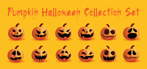Set of halloween pumpkins, funny faces. Autumn holidays.